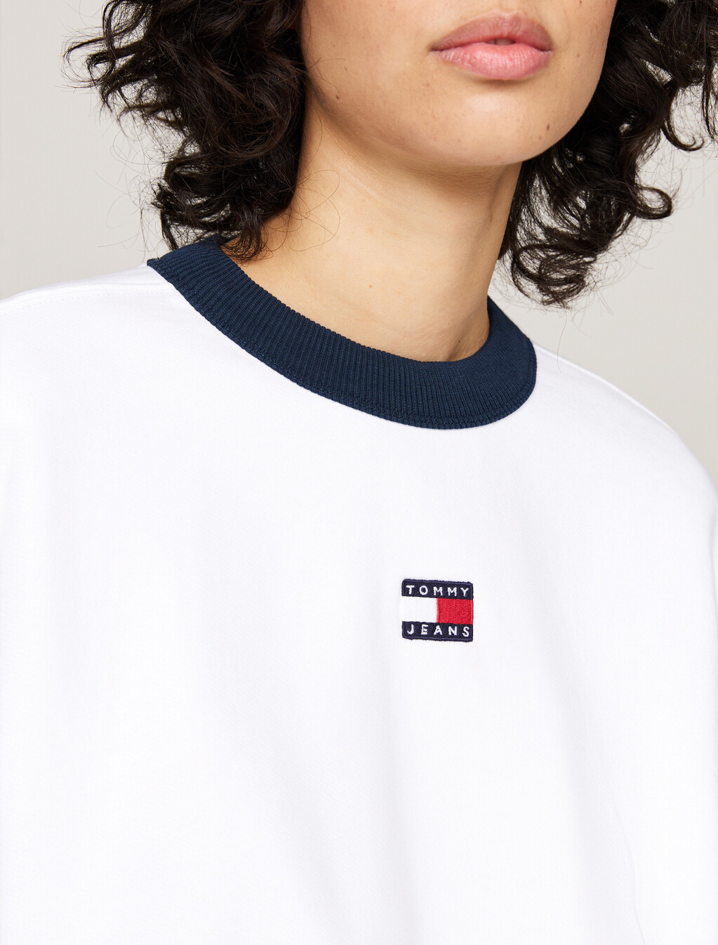 Oversized Cropped Contrast Neckline Sweatshirt, White, hi-res