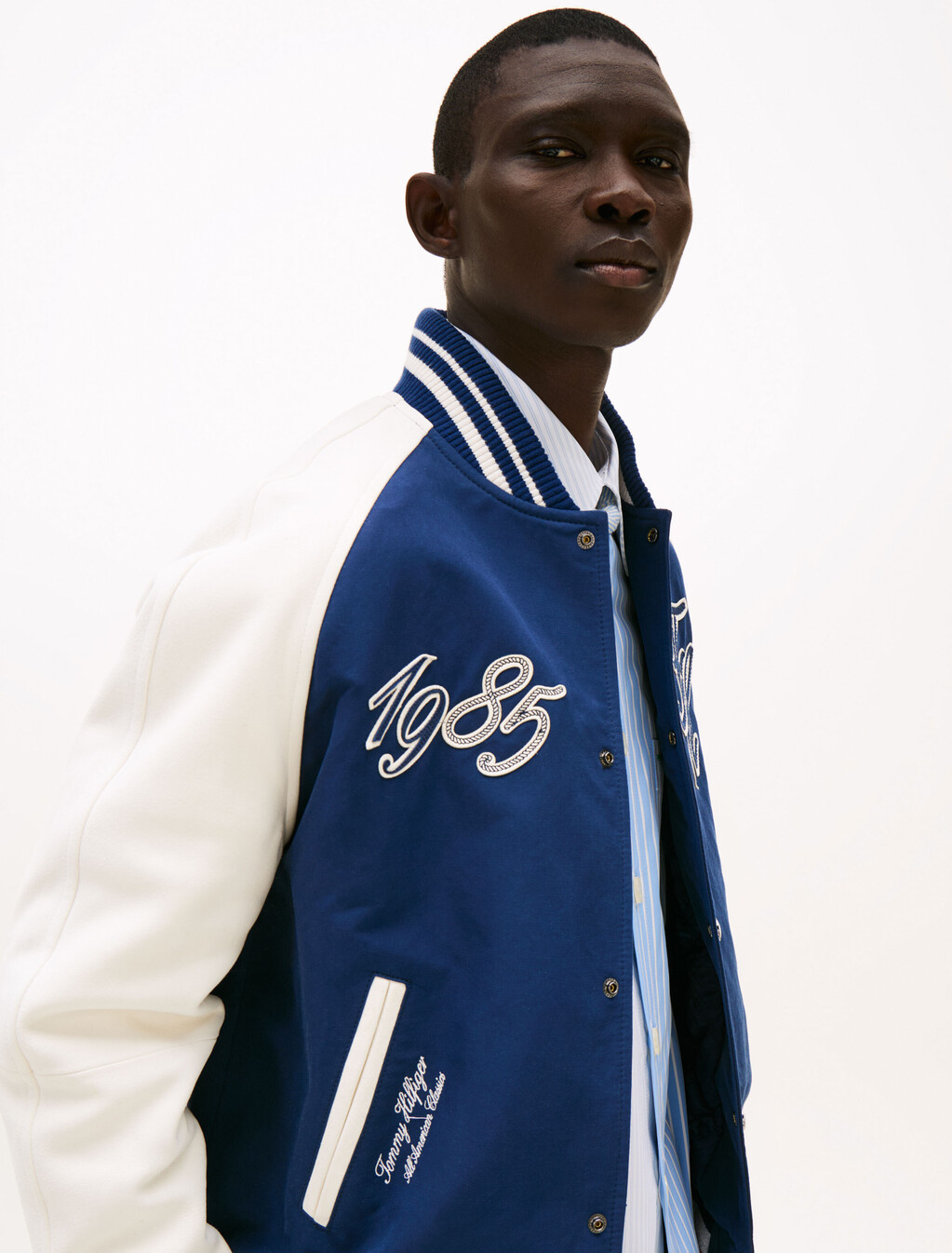 The Runway Collection Back Logo Varsity Jacket, Carbon Navy/Ecru, hi-res