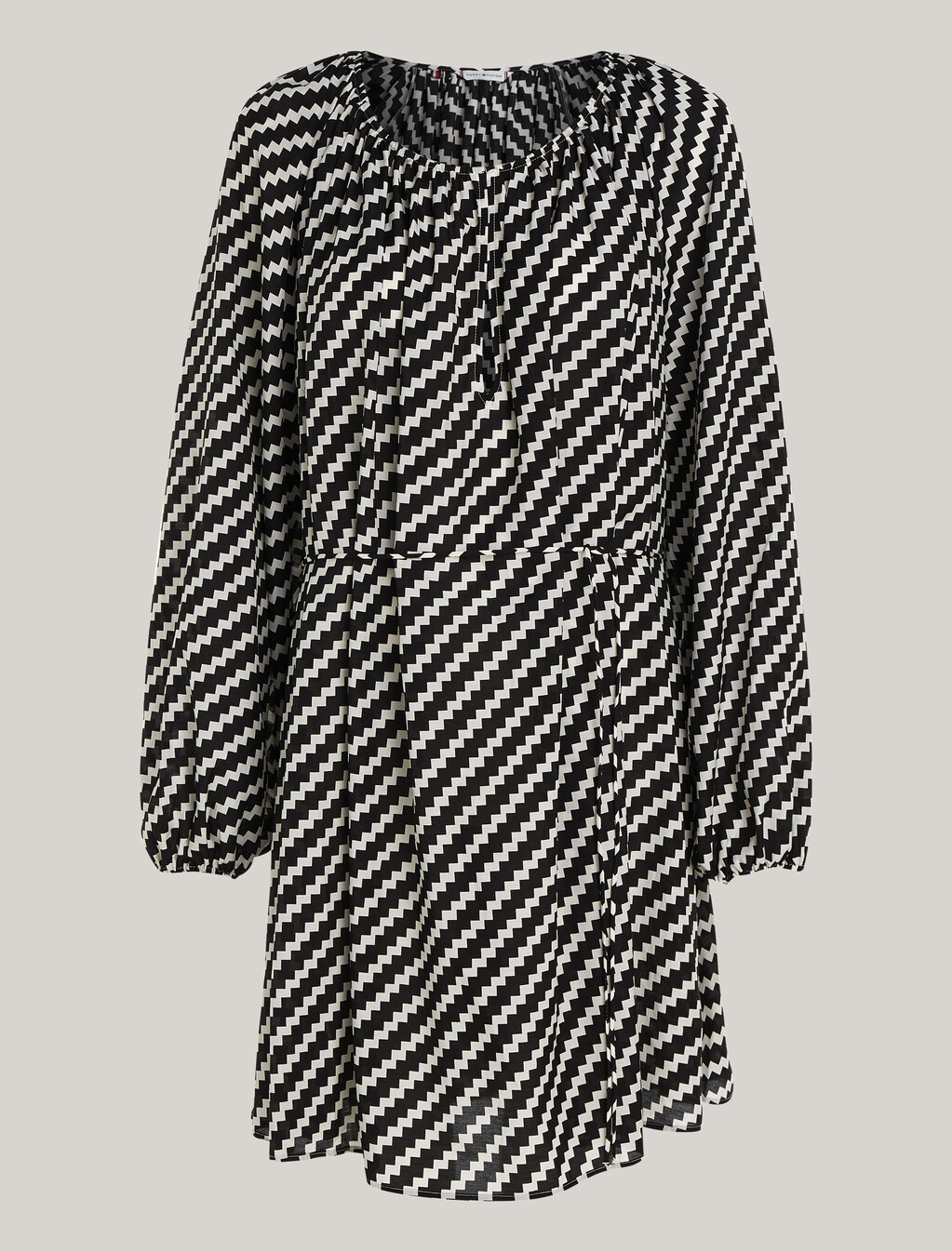 鋸齒狀印花寬鬆及膝連身裙, Zig Zag Print/ Whte Base, hi-res
