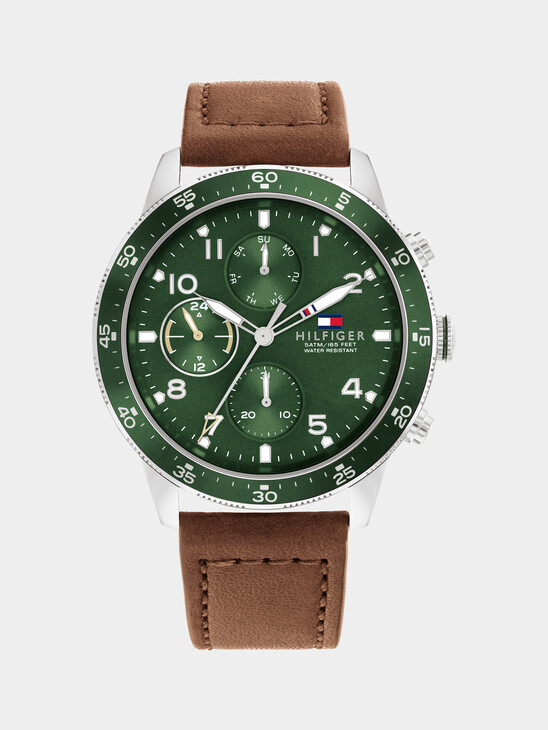 GREEN DIAL MULTIFUNCTION LEATHER STRAP WATCH