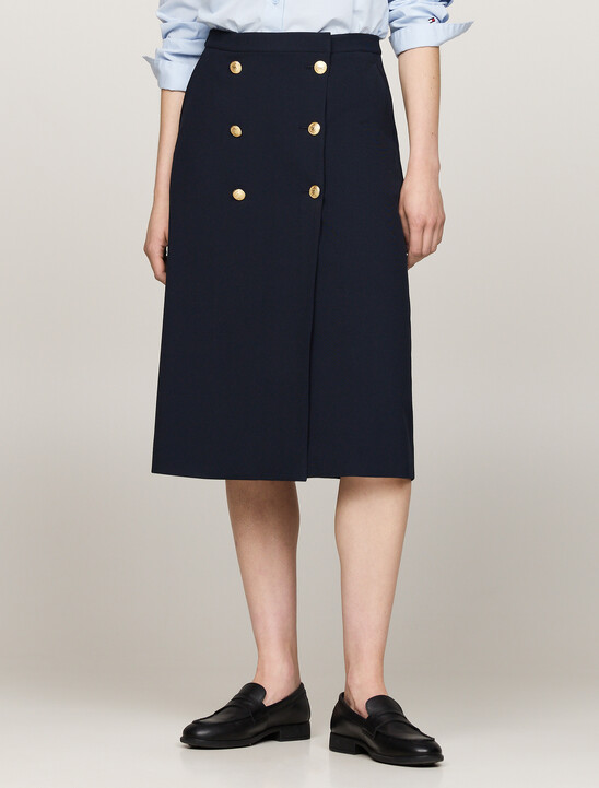 Embossed Button Twill Midi Skirt