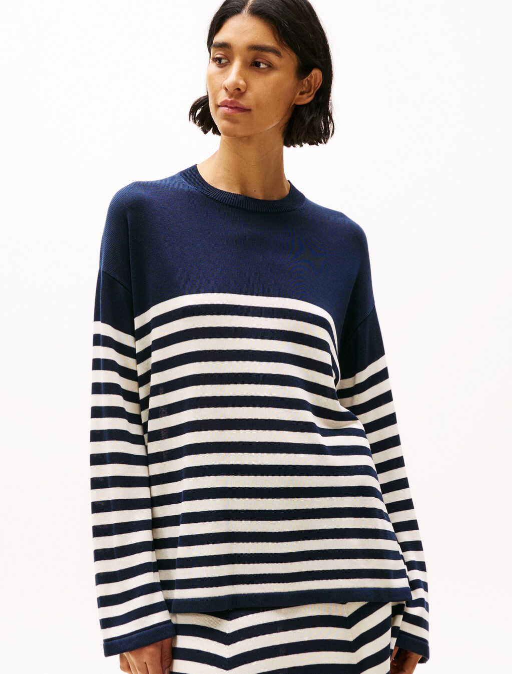 Relaxed Crew Neck Jumper With Silk, Dark Night Navy/Calico Stp, hi-res