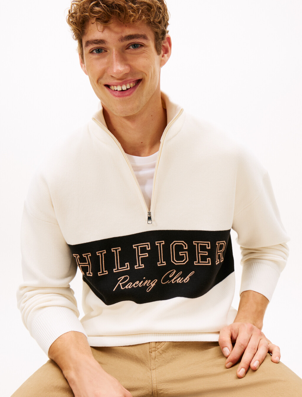 Relaxed Quarter-Zip Mock Neck Jumper, Ivory Petal, hi-res