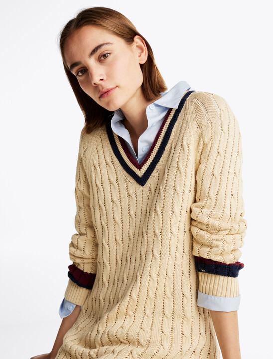 Varsity Cable Knit V Neck Sweater Dress