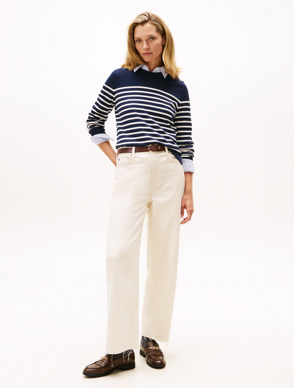 Jersey Gold-Tone Button Jumper, Placed Thin White Stp Sweaters, hi-res