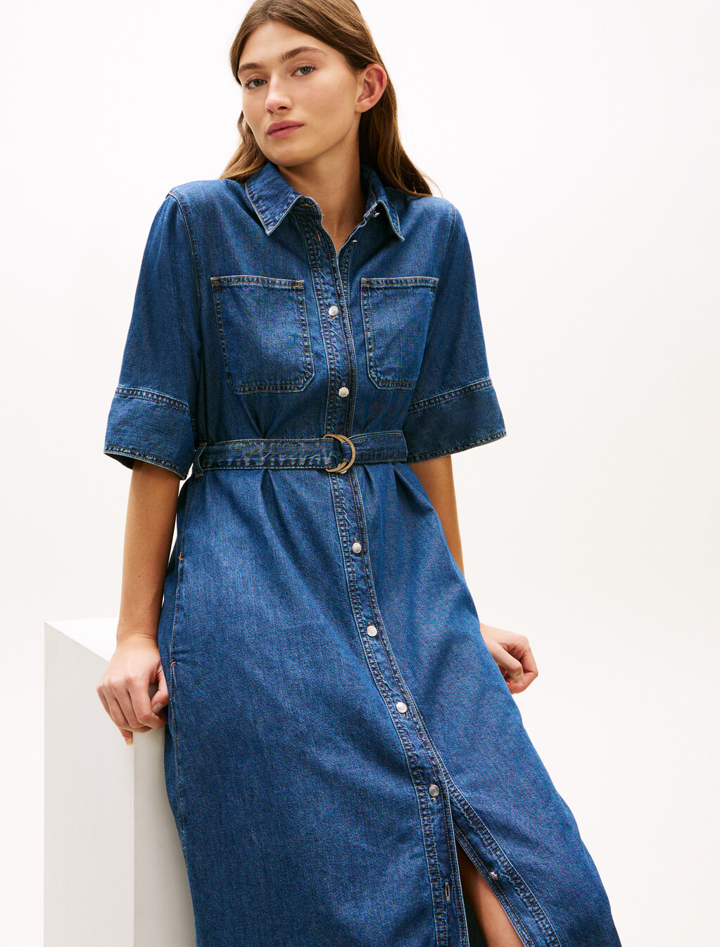Denim Fit & Flare Short Sleeve Dress, Lor, hi-res