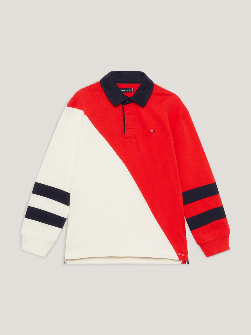 Colour-Blocked Long Sleeve Polo, Red/White Colorblock, hi-res
