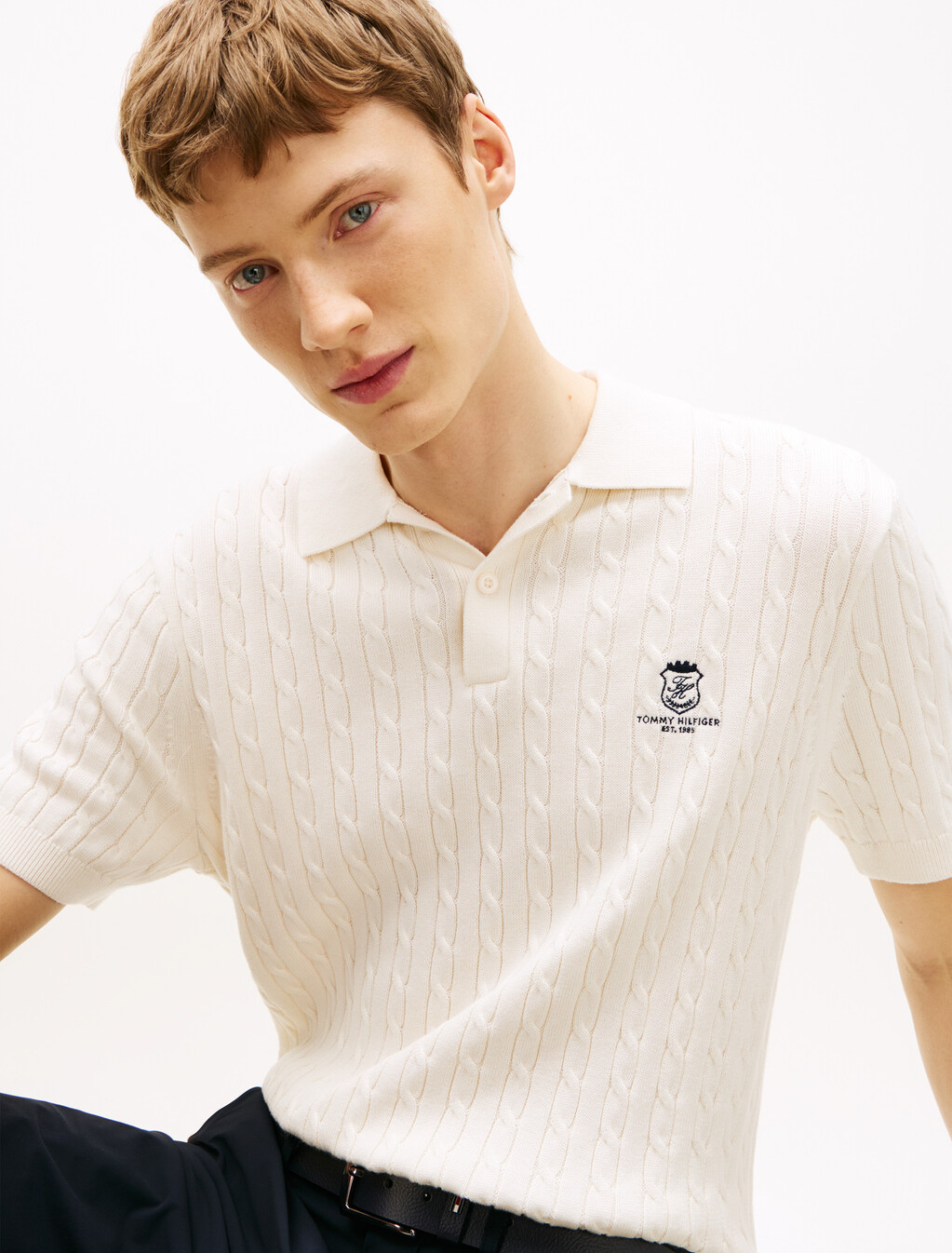 Regular Fit Embroidery Cable Knit Polo Shirt, Ivory Petal, hi-res