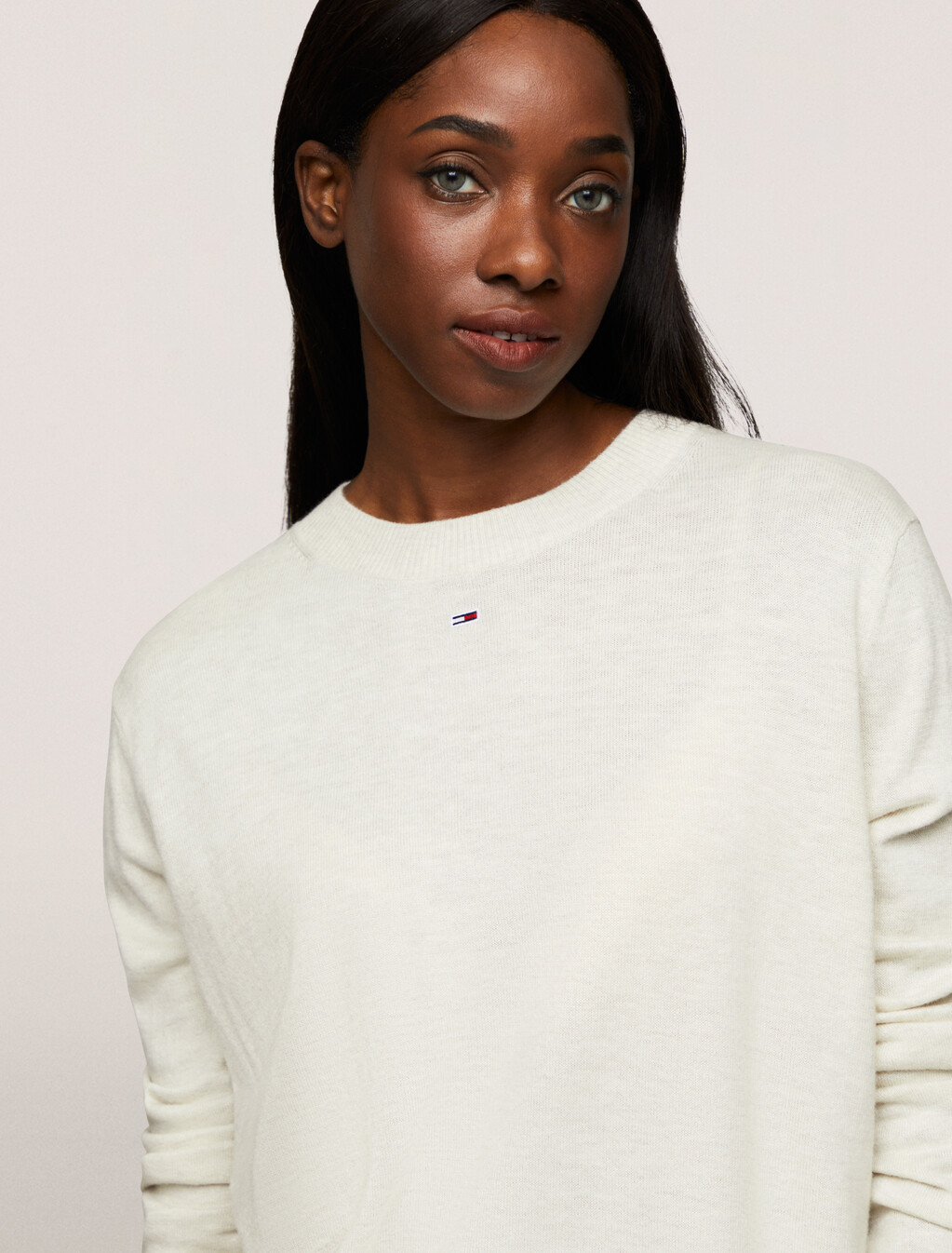 Essential Crewneck Cotton Viscose Sweater, Ancient White Melange, hi-res