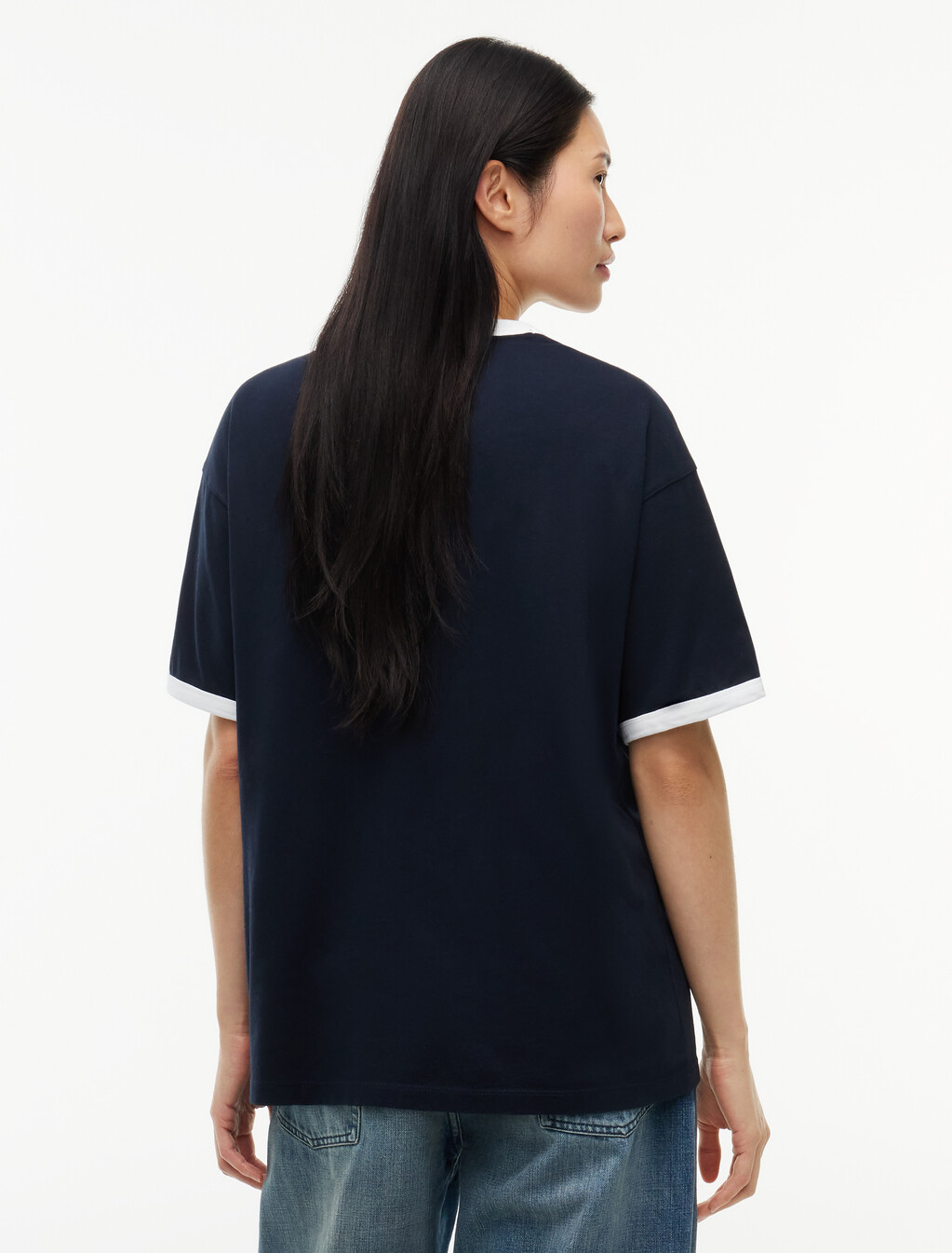 寬鬆版棉質針織滾邊棉質 T 恤, Navy Blue, hi-res
