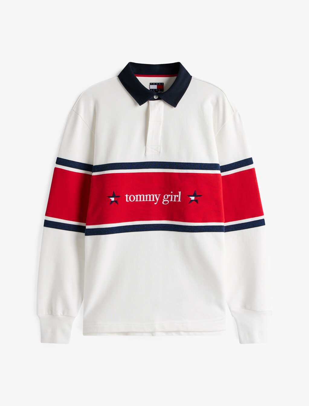 Tommy Girl 後背標誌寬鬆條紋橄欖球衫, Ecru, hi-res