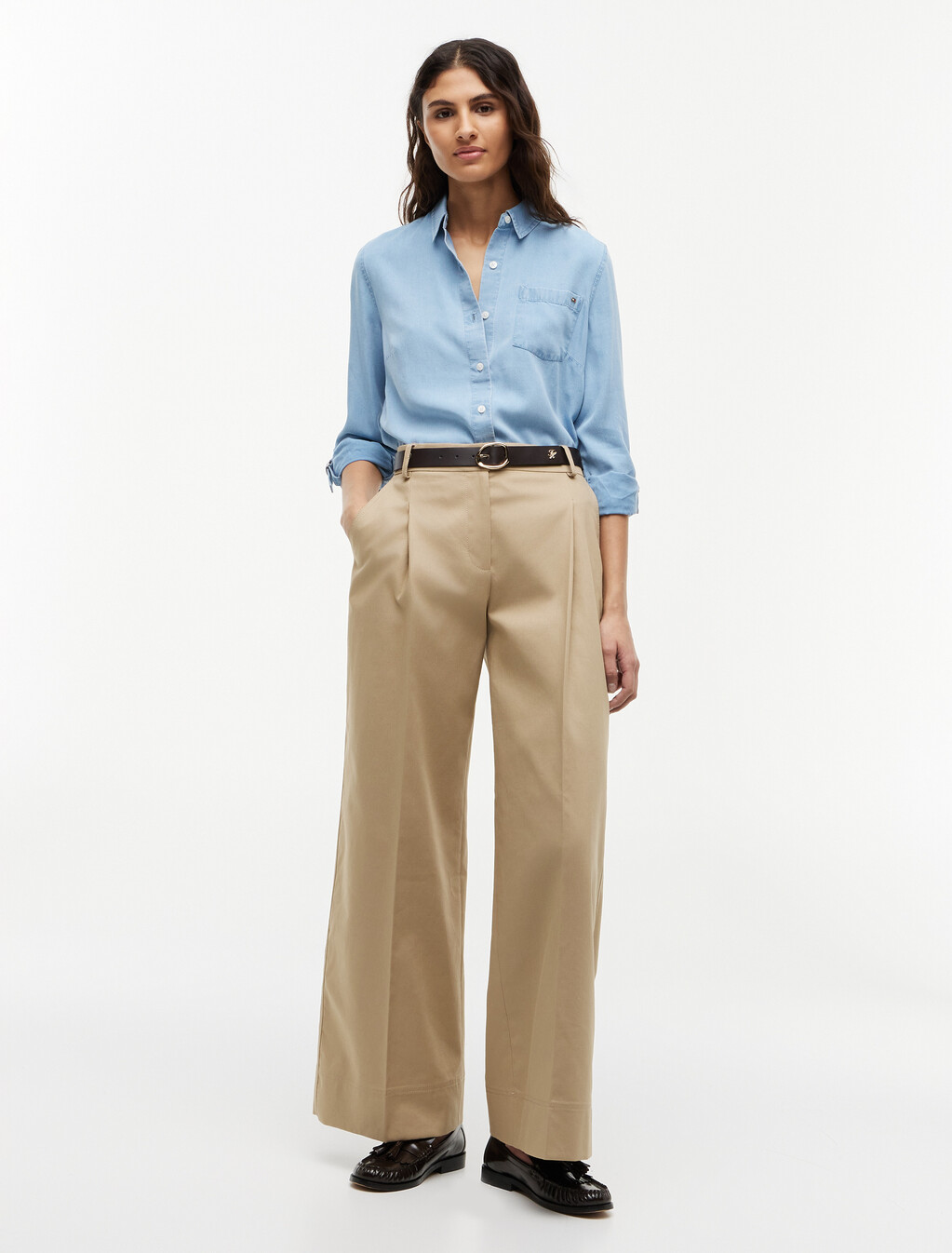 Logo Embroidery Wide Leg Chinos, Camel, hi-res