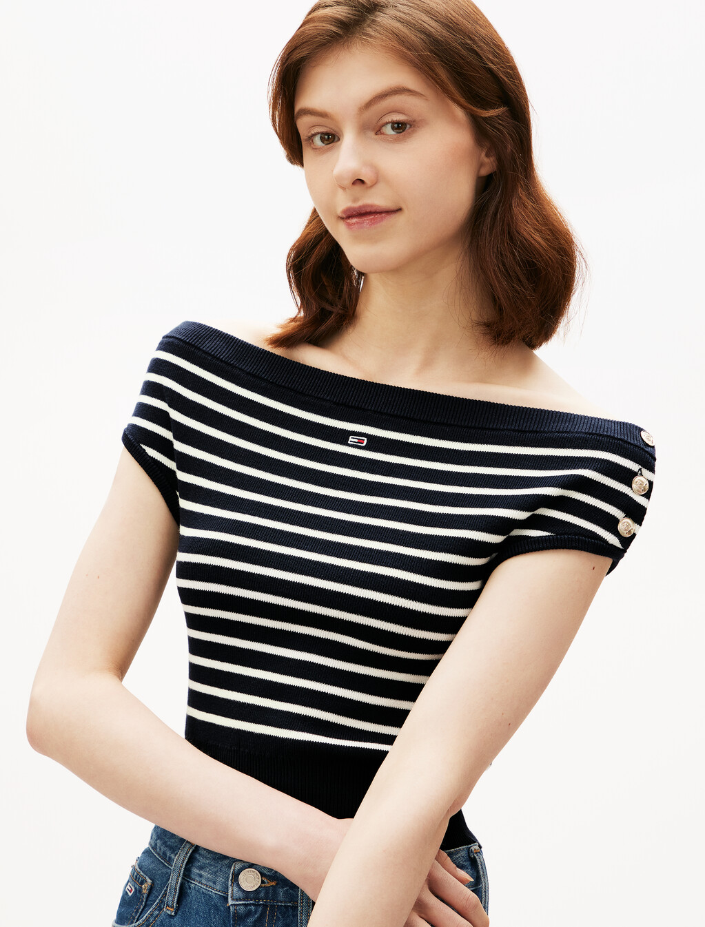 Off-The-Shoulder Cap Sleeve Jumper, Dark Night Navy, hi-res
