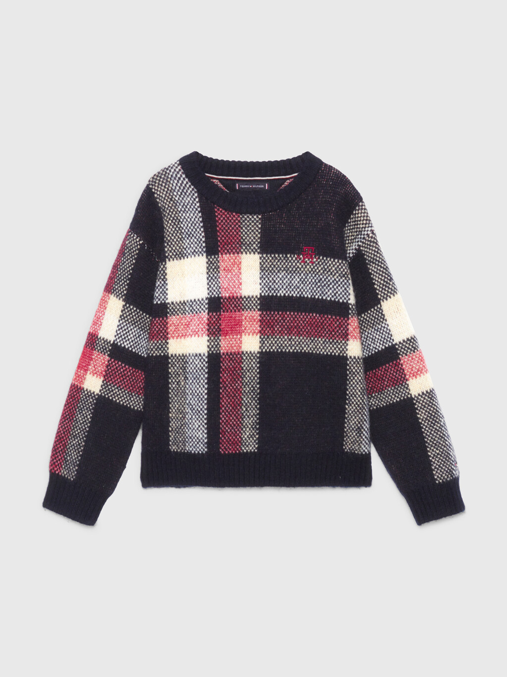 Boys Global Stripe Check Sweater, Red / White / Blue Base Check, hi-res