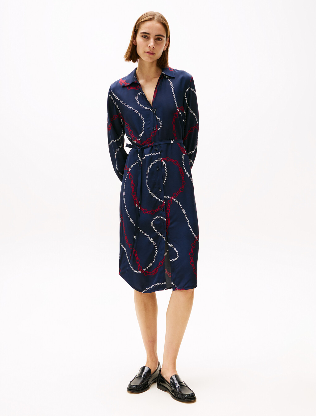 Viscose Shirt Dress, Flag Chain Wave/ Navy, hi-res