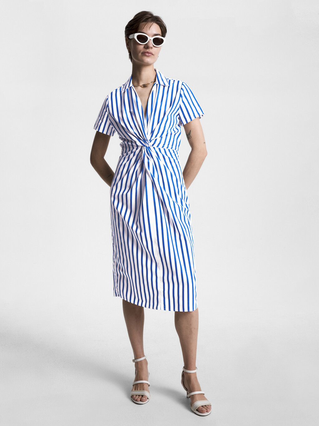 Stripe Poplin Twist Front Midi Dress, Banker Stp Ultra Blue, hi-res