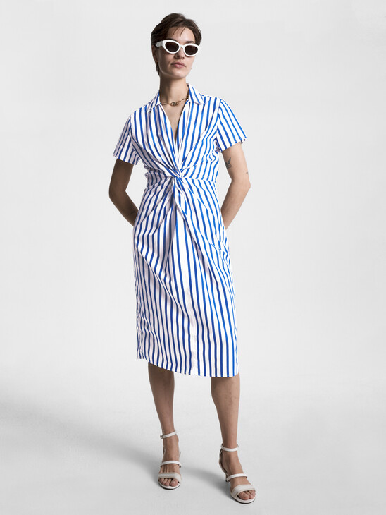 Stripe Poplin Twist Front Midi Dress