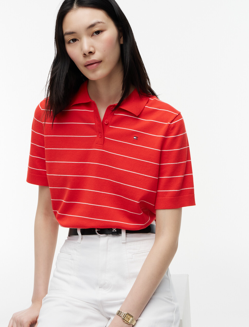 Flag Embroidery Knit Boxy Polo Jumper, Fire Red /Ivory Petal Stp, hi-res