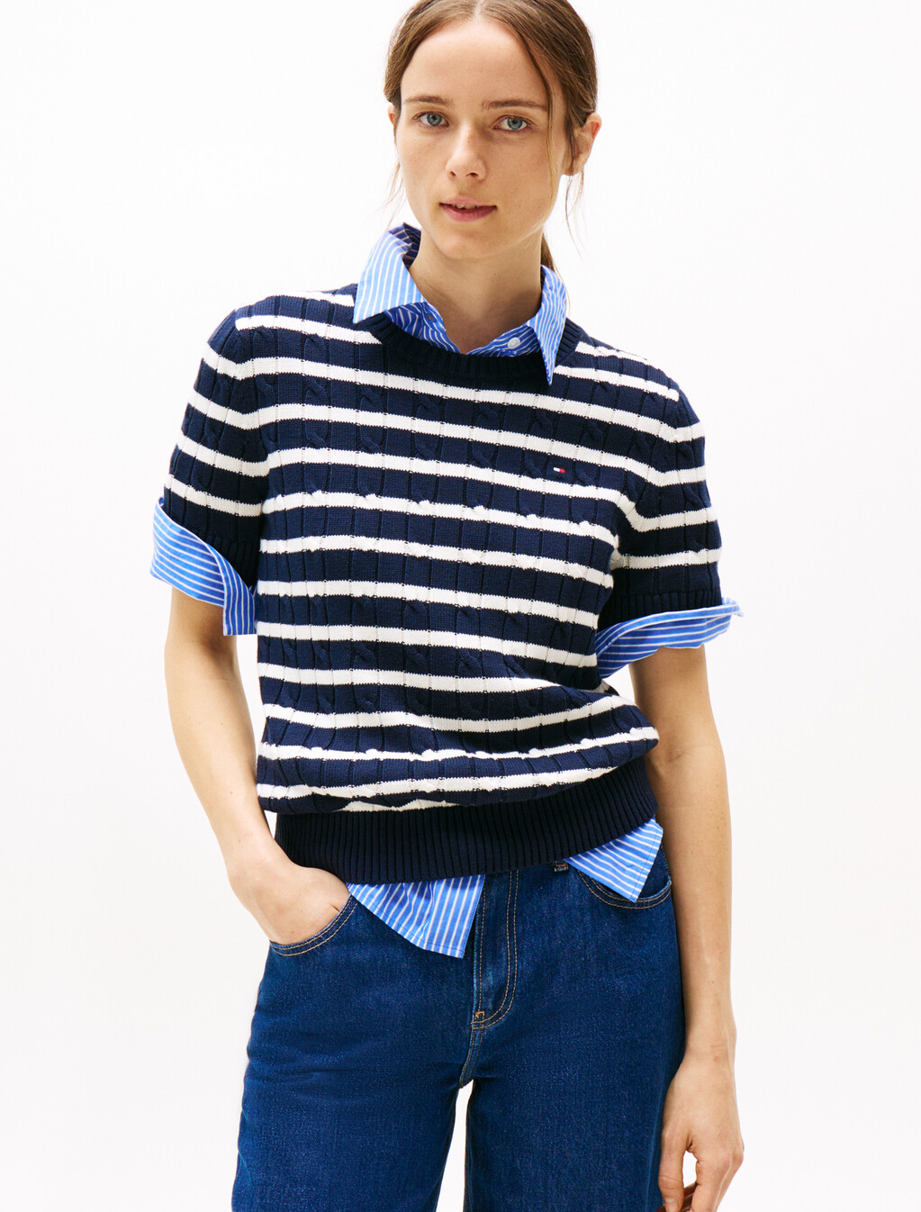 Cable Knit Short Sleeve Jumper, Dark Night Navy/Ivory Petal Stp, hi-res