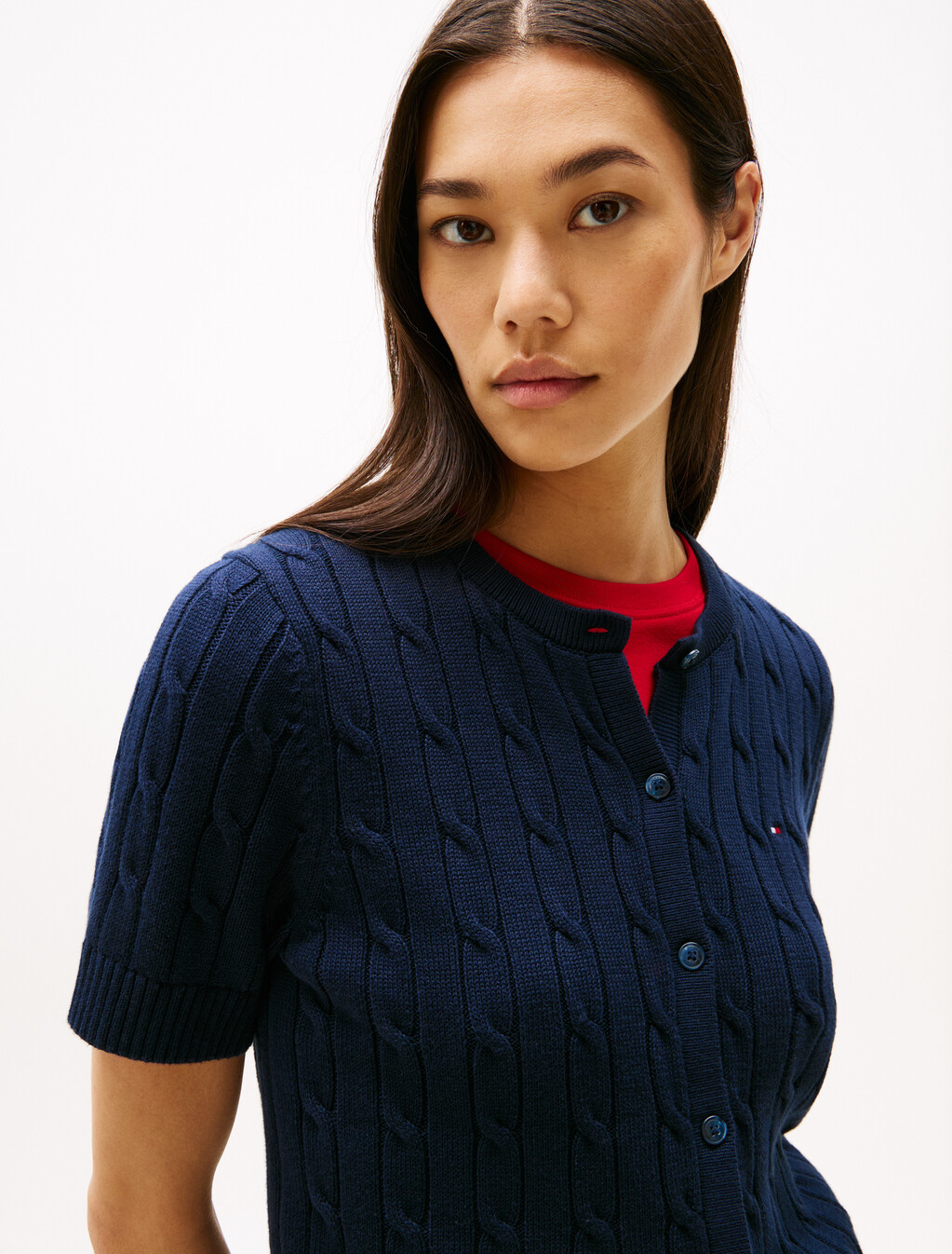 Cable Knit Short Sleeve Cardigan, Dark Night Navy, hi-res