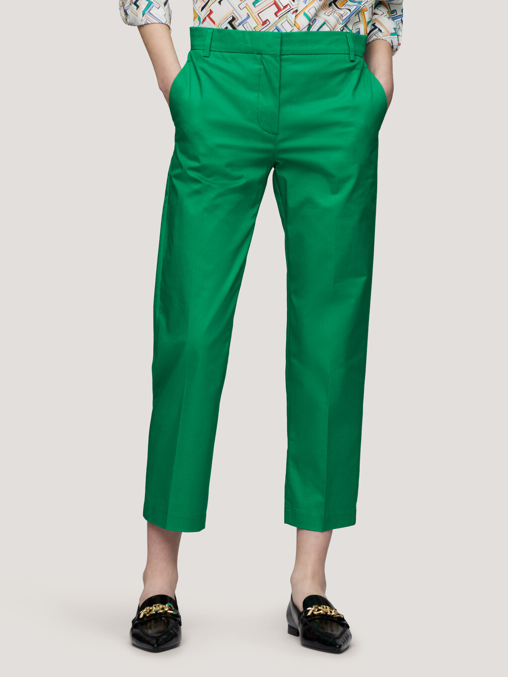 短款直筒棉質斜紋長褲, Olympic Green, hi-res