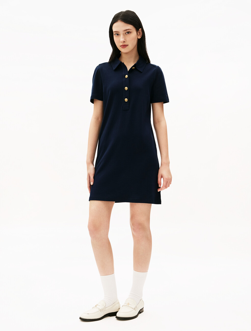 Golden Button Polo Dress, Dark Night Navy, hi-res