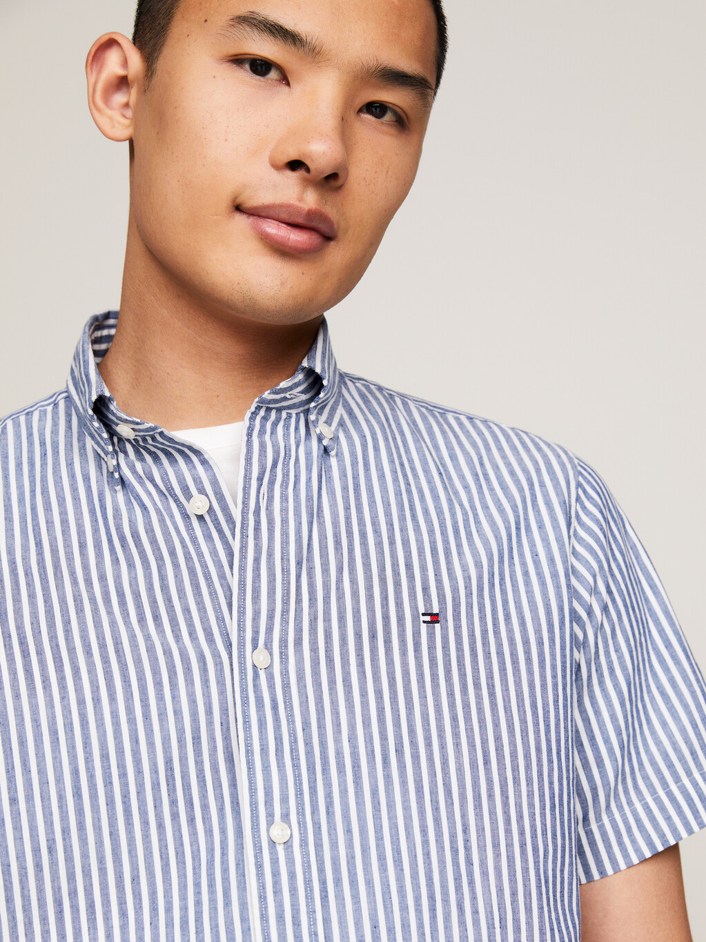 條紋常規版型短袖襯衫, Anchor Blue / Optic White, hi-res