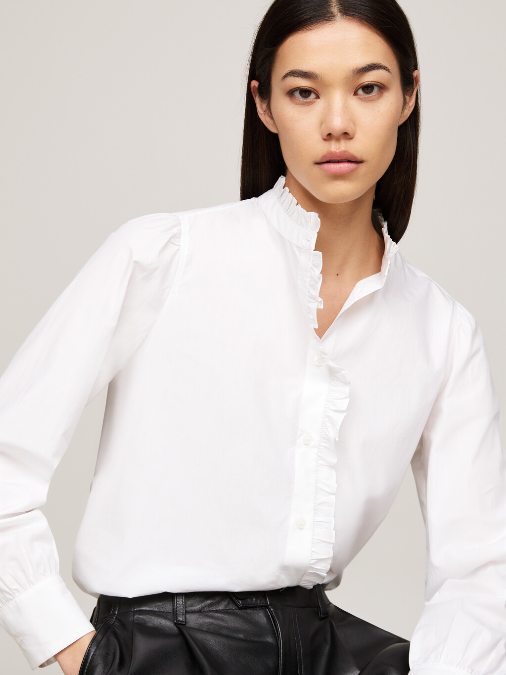 Ruffle Mock Turtleneck Regular Fit Shirt, Th Optic White, hi-res