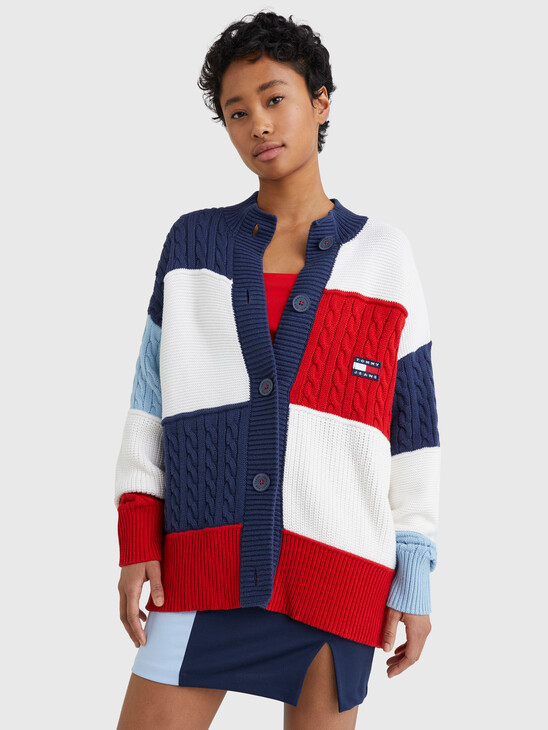 OVERSIZED COLOR BLOCK CABLE KNIT CARDIGAN