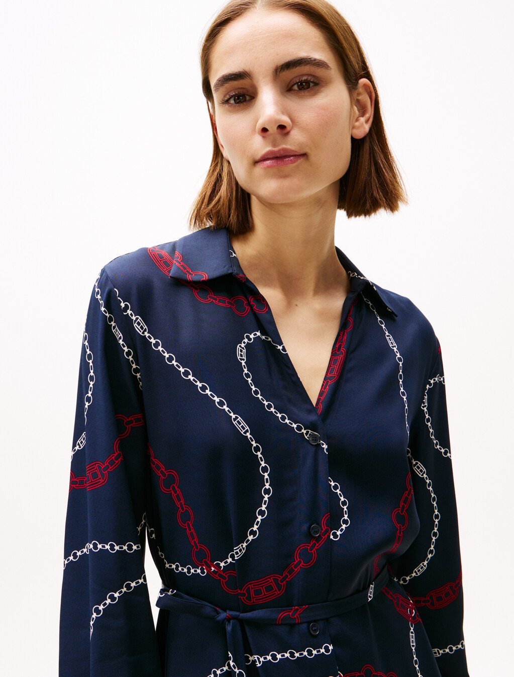 Viscose Shirt Dress, Flag Chain Wave/ Navy, hi-res