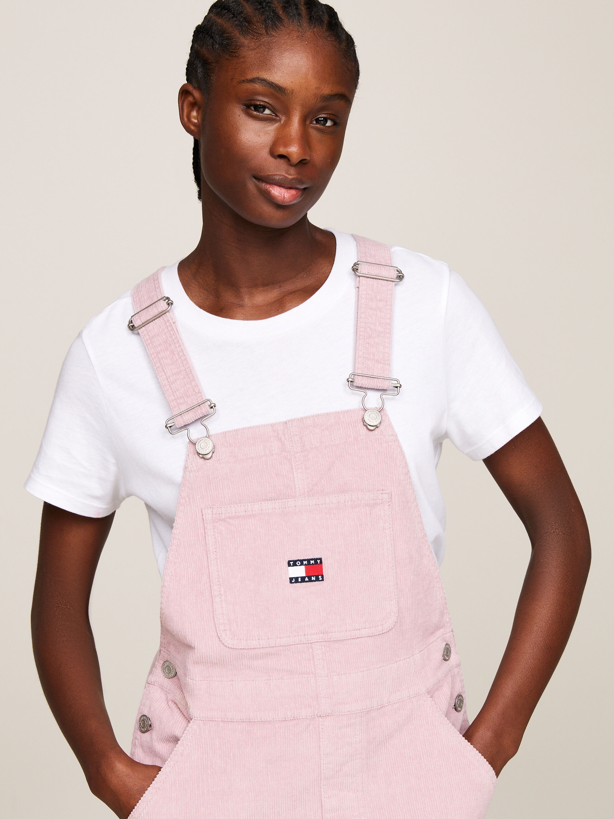 Pink cord dungaree dress online