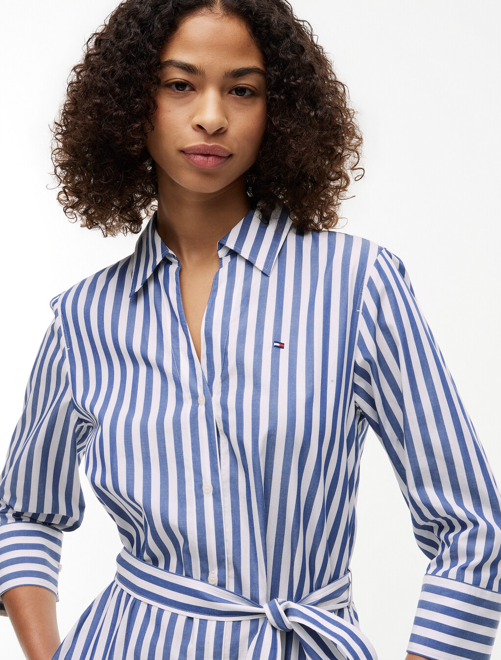 Belted Relaxed Midi Shirt Dress, Wide Banker Stp Ecru Seashore Navy, hi-res