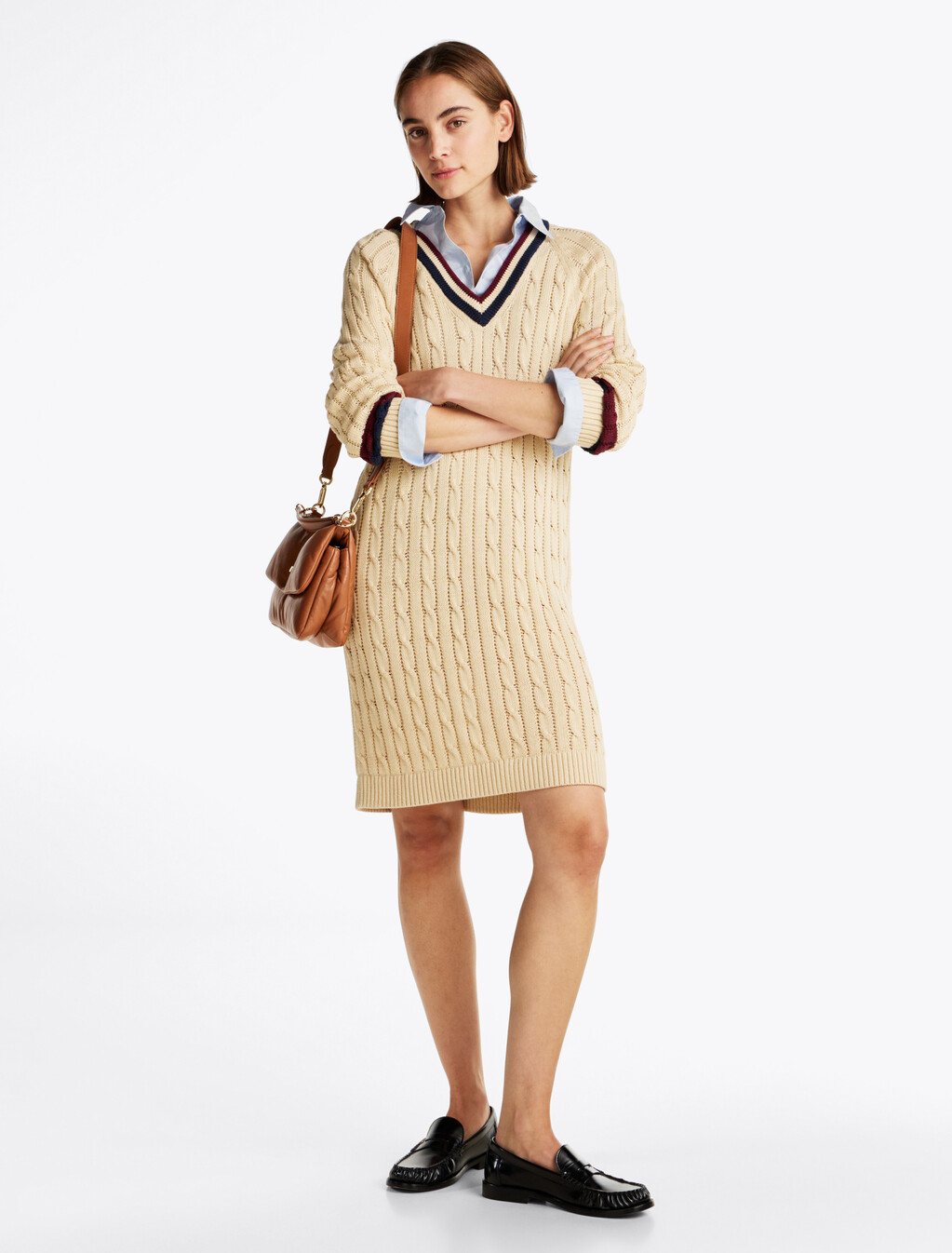 Varsity Cable Knit V Neck Sweater Dress, Country Ivory, hi-res
