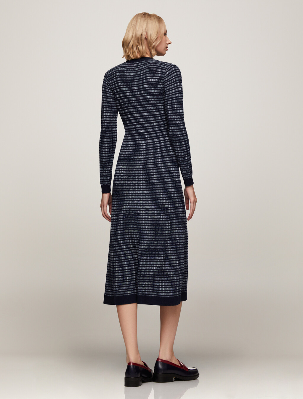 Textured V Neck Knit Sweater Dress, Navy/ Ivory Texture Stp, hi-res