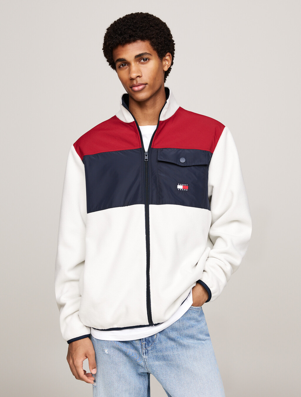 拼色抓絨寬鬆運動外套, Regatta Red / Dark Night Navy, hi-res