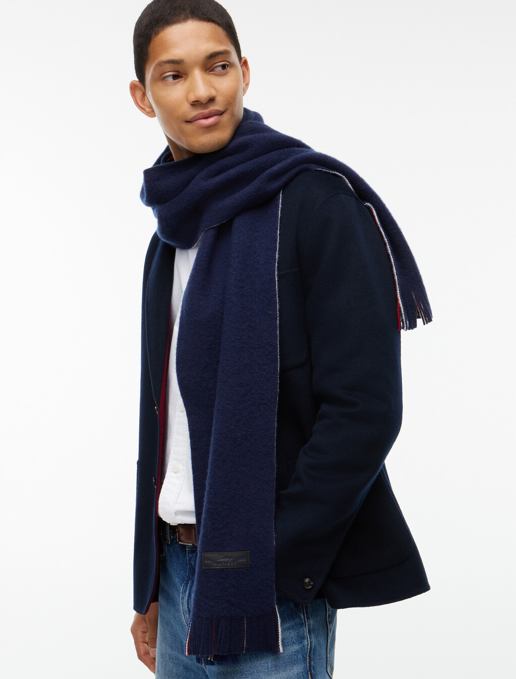 雙面 Global Stripe 條紋純羊毛圍巾, Preppy Navy, hi-res
