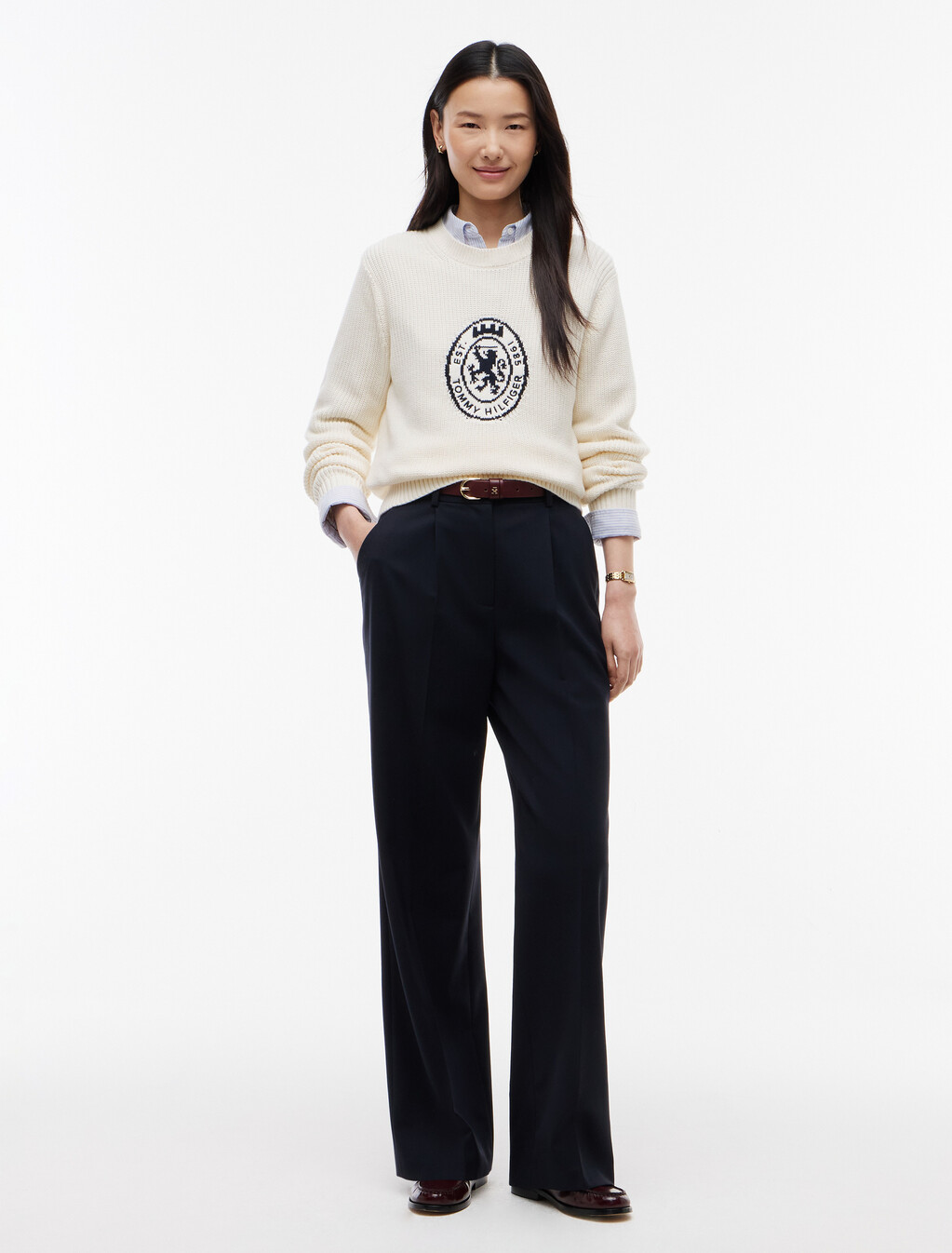 Intarsia Crest Crew Neck Jumper, Ivory Petal, hi-res