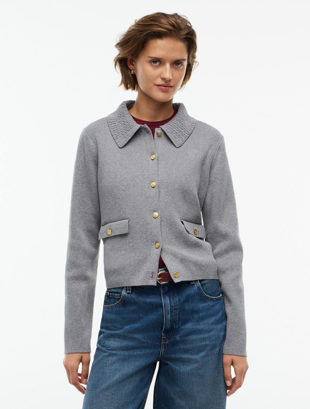 Gold-Tone Button Jacket With Wool, Medium Grey Heather, hi-res