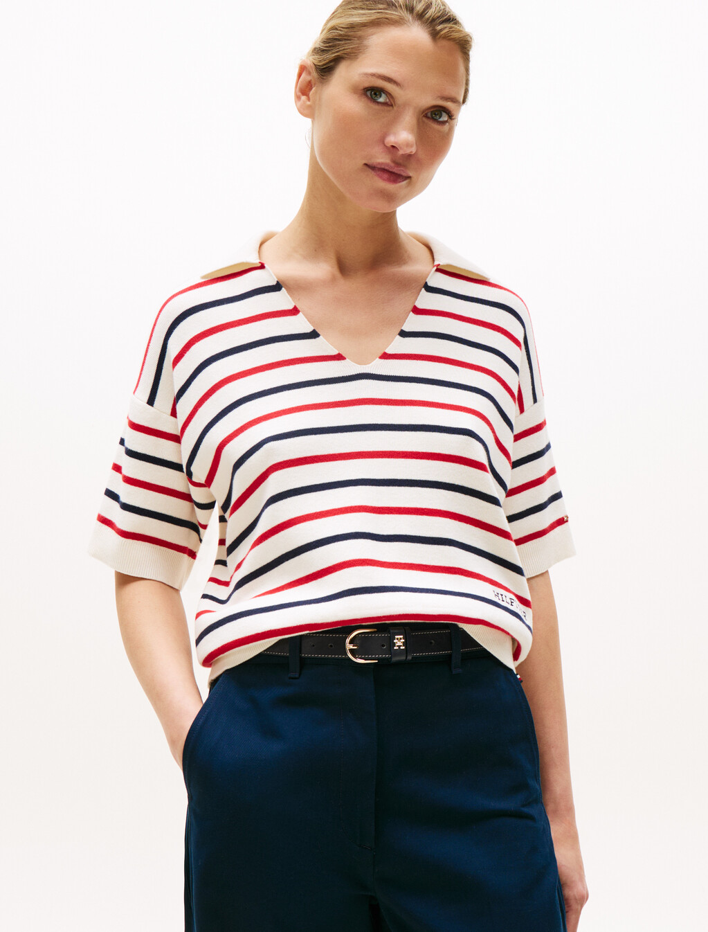 Stripe Short Sleeve Polo Jumper, Ivory Petal/Rwb Stp, hi-res