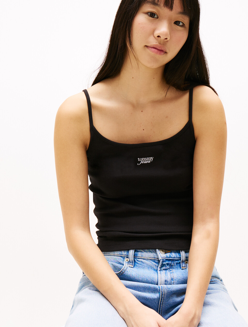 Ribbed Slim Spaghetti Strap Top, Black, hi-res