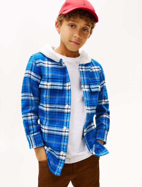 Hooded Plaid Overshirt, Vibrant Indigo Check Hooded Plaid Overshirt