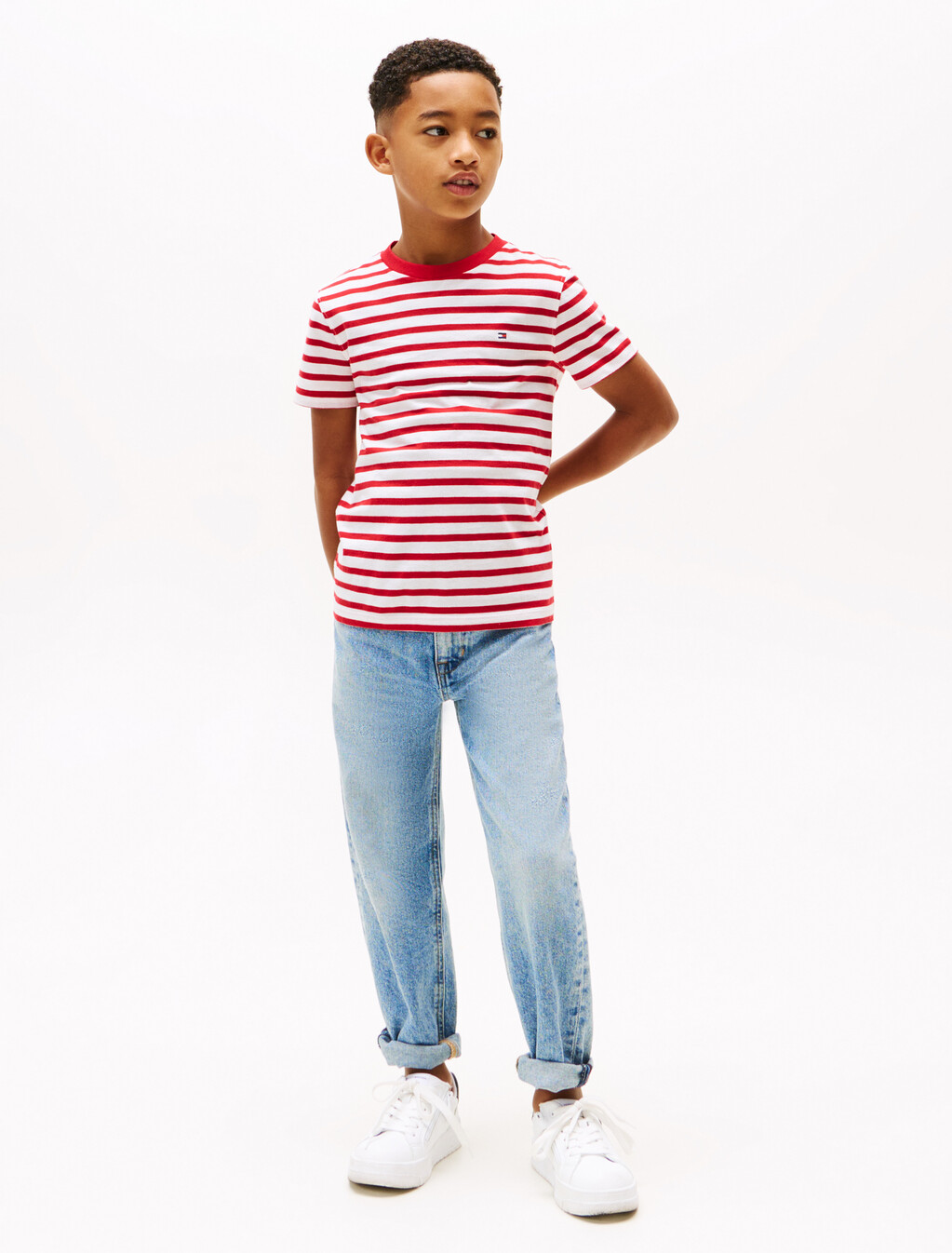 Contrast Crew Neck T-Shirt, Primary Red White Breton Stripe, hi-res
