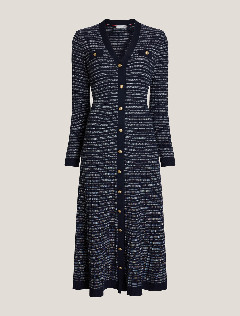 Textured V Neck Knit Sweater Dress, Navy/ Ivory Texture Stp, hi-res