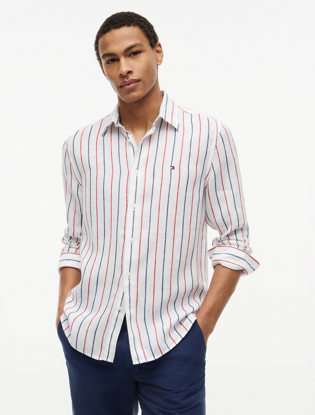 Regular Fit Textured Stripe Pure Linen Shirt, Medium Red / Stripe, hi-res