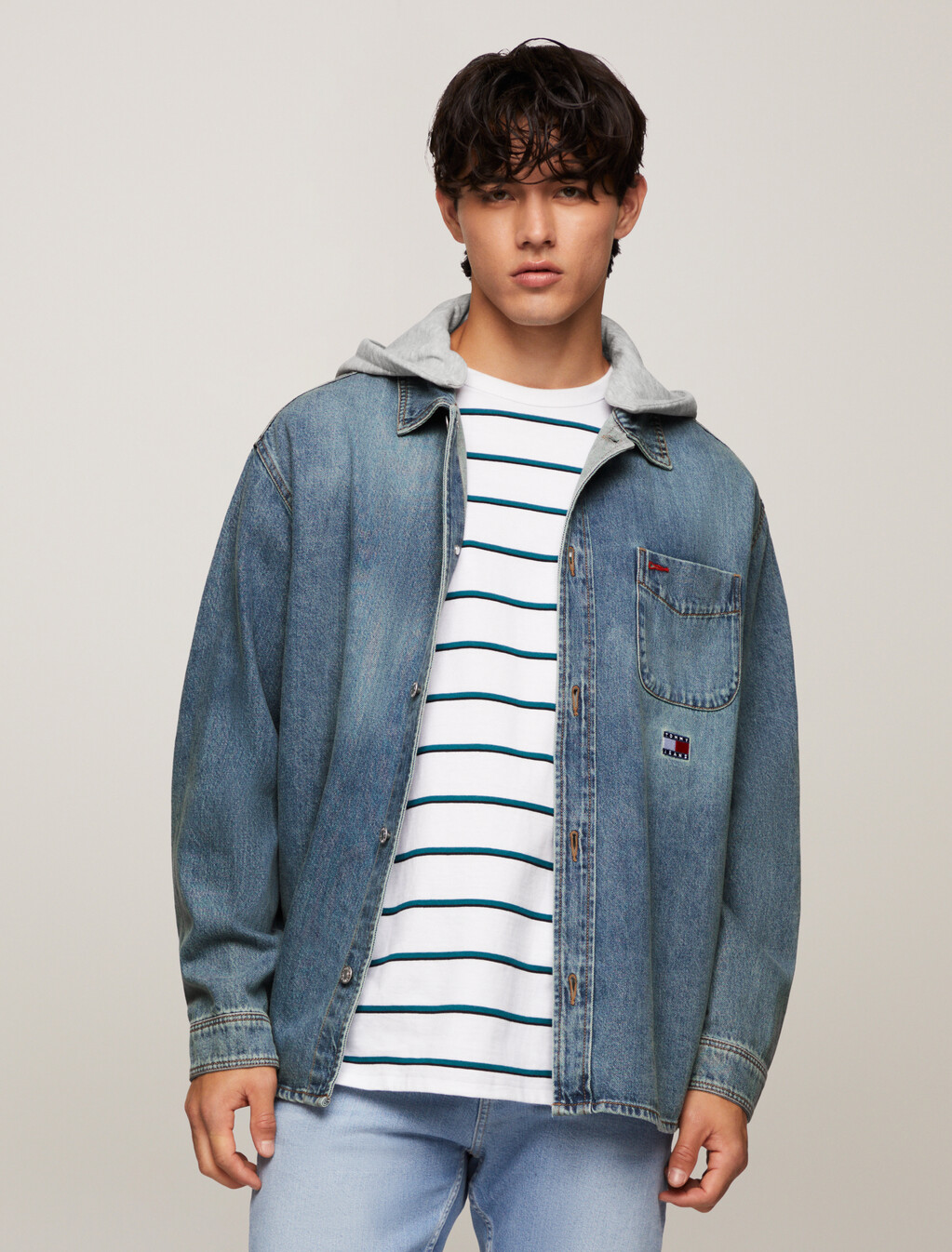 Hooded Denim Shacket, Denim Medium, hi-res