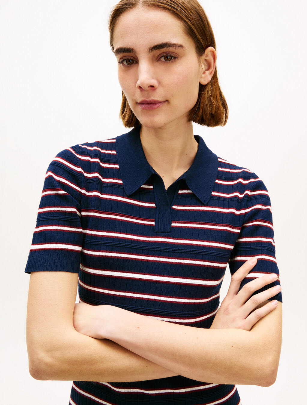 Asia Fit Knitted Fit & Flare Polo Dress, Preppy Stripe Dark Night Navy, hi-res