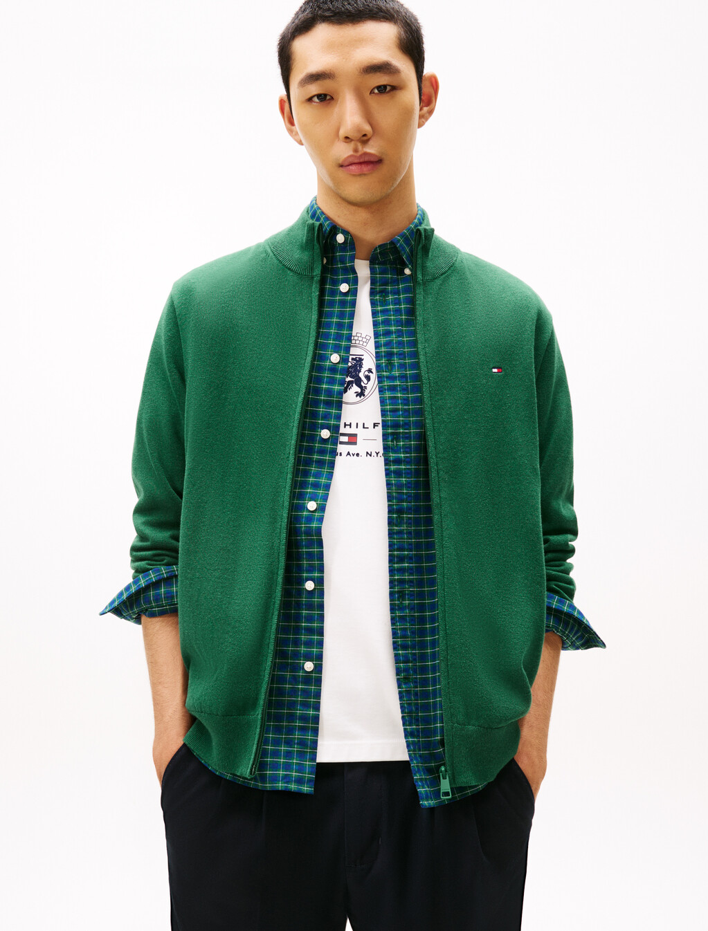 Cotton Silk Cashmere Zip Thru Sweater, Ornamental Green, hi-res