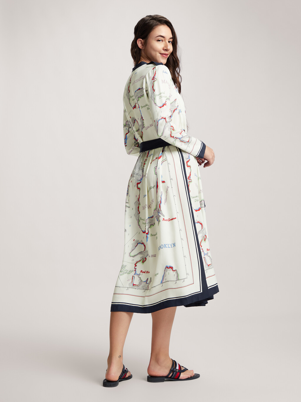 Atlas Scarf Print Midi Shirt Dress, Map Scarf/Ancient White, hi-res