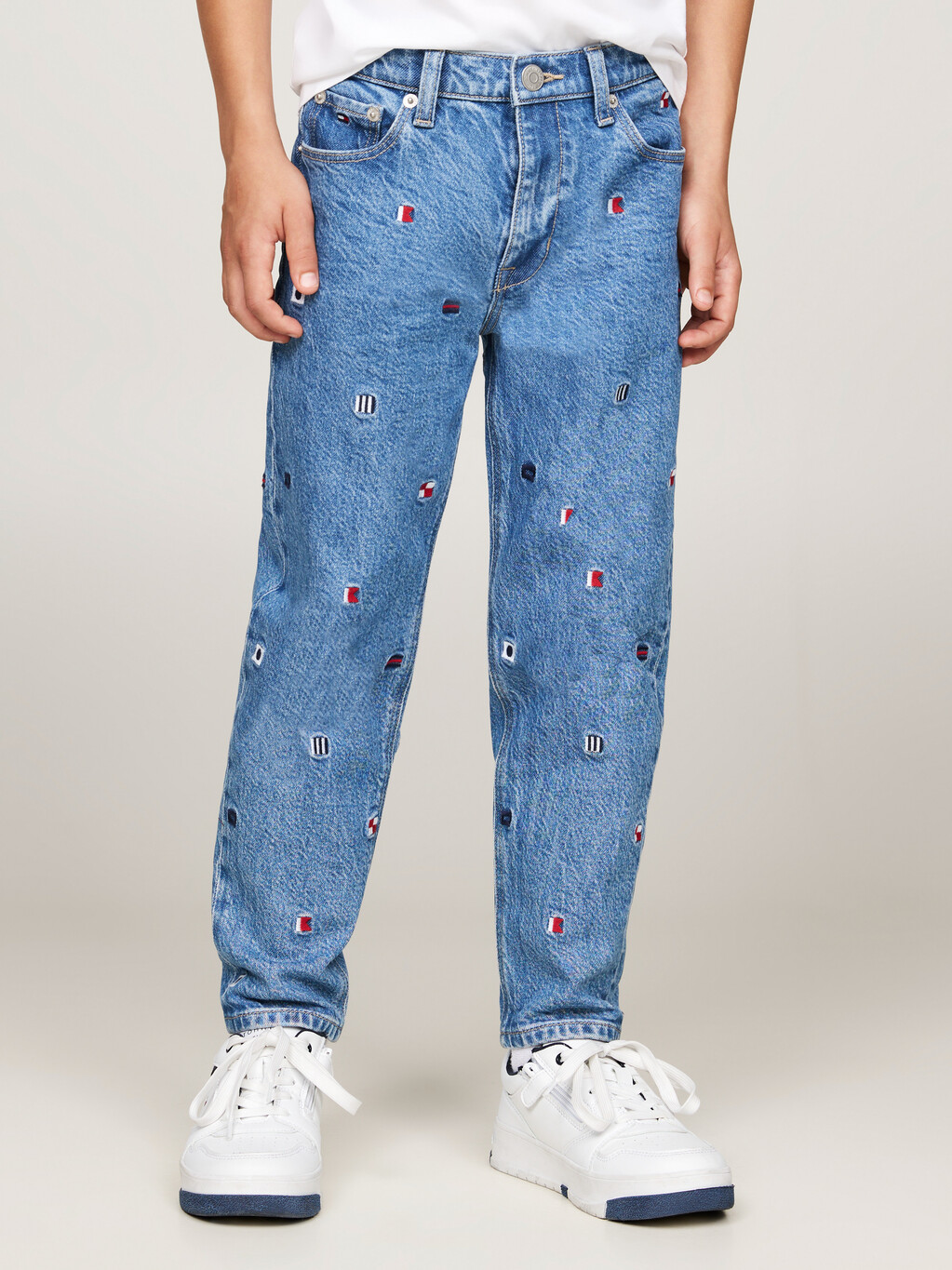 Flag Embroidery Faded Tapered Jeans, Critter, hi-res