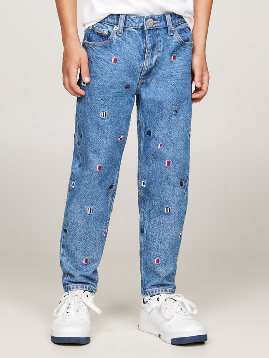 Flag Embroidery Faded Tapered Jeans